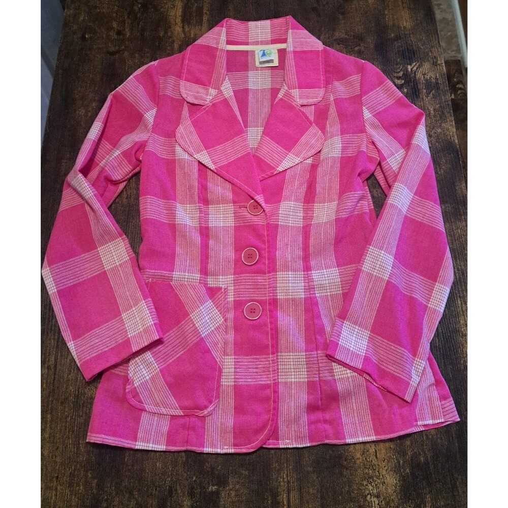 Vintage 70s Thermo-Jac Pink Plaid Blazer Jacket Size 11